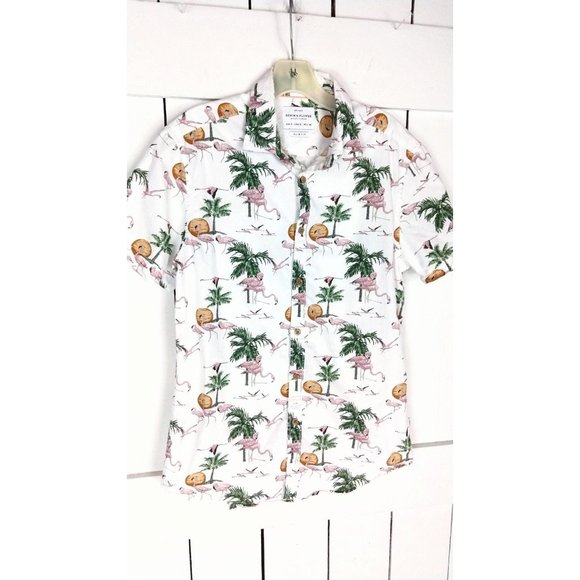 Mens flamingo tropical palm tree button down Hawaiian shirt - Picture 2 of 4